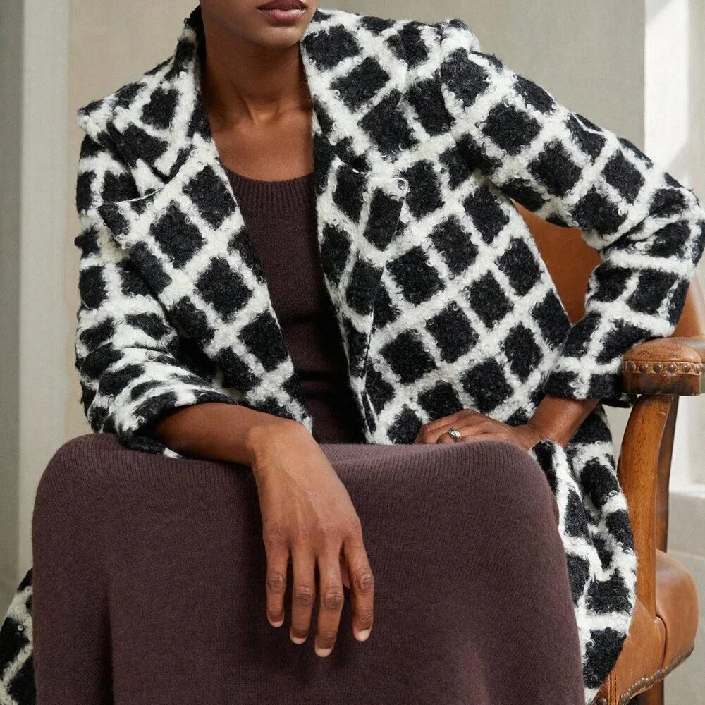 Black And White Casual Women's Loose Plaid Coat